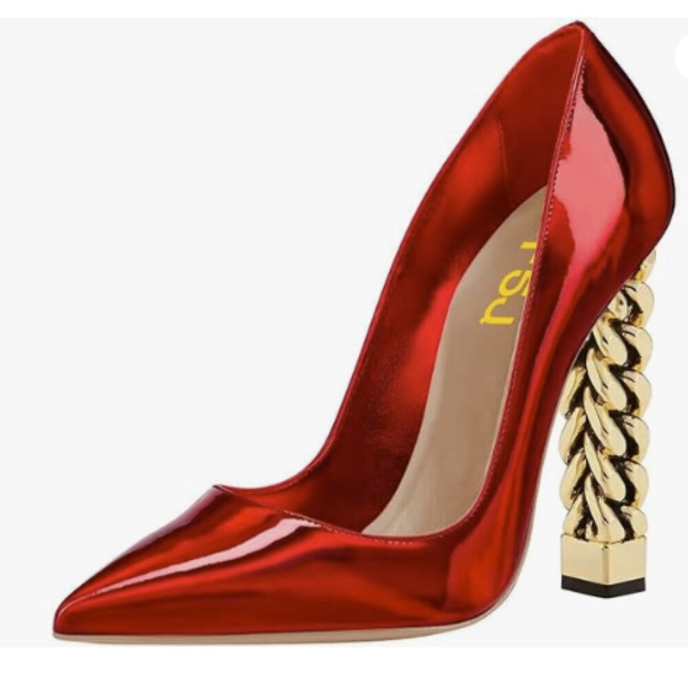 FSJ Women Gold Metal Chain Chunky High Heel Pointed Toe Red Shoes Fashion Party